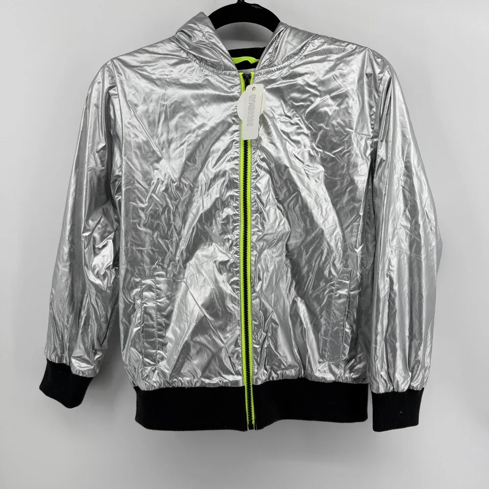Gymboree Kids Metallic Silver Water Resistant Hooded Jacket Neon Zip L 10-12